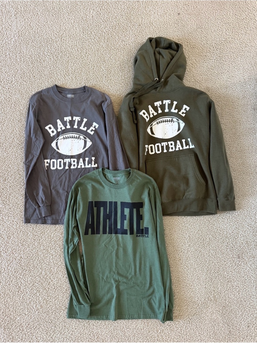 Battle Football Hoodie & Long Sleeve Tees - Olive and Gray